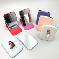 Haute Qualité Pliant Rectangle Pu Maquillage Miroir De Poche Logo Privé En Acier Inoxydable Pu En Cuir Miroir Debout Pour Les Femmes