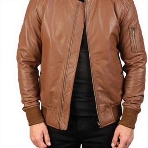 Chaqueta Bomber Calefactable de Cuero Genuino Marrón para Hombre, Cuello Mandarín, Cierre de Cremallera, Estilo Motero, Color Sólido, Ropa de Invierno - Product Image 5