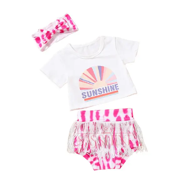 New Design Sunshine Printed Kids Tassel Fringe Bummies Clothes Baby Bloomers Set With Bows