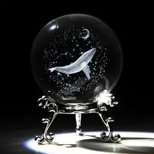 3D Laser Engraved Starry Sky Whale Crystal Decorative Ball Paperweight for Home Art Decor