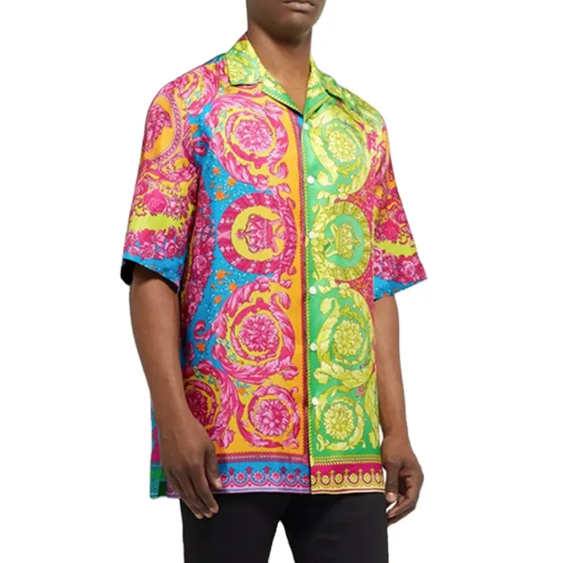 Flower Print Oversized Camp-colarinho Impresso Homens Sarja De Seda De Algodão chemise pour homme Bowling Camisa Para Homens