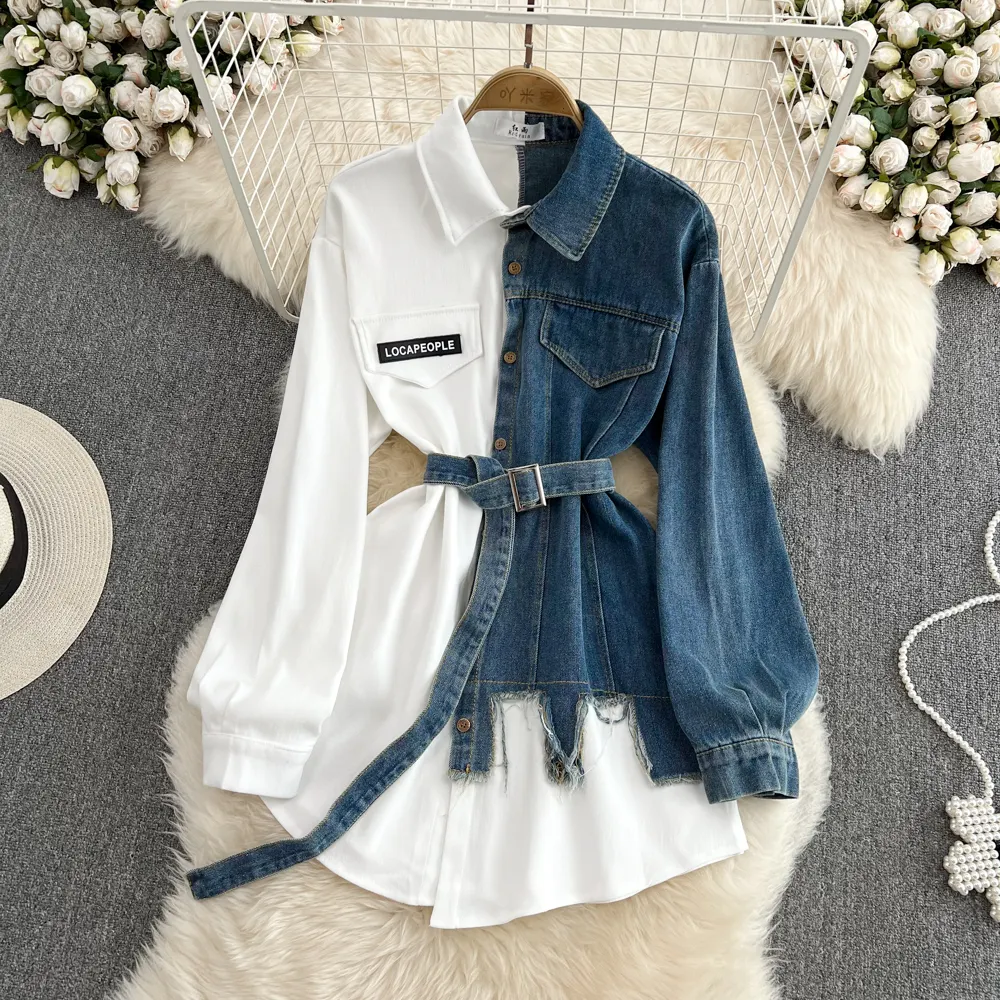 Bán Sỉ Đầm Vải Denim Khâu Tay Dài Đầm Sơ Mi Bất Đối Xứng Không Eo Phong Cách Hàn Quốc Mới Mùa Thu 2022 Cho Nữ