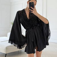 Nouvelle Robe de Nuit en Satin Noir et Dentelle pour Femme 2026 avec Lingerie en Maille, Ensemble de Nuit 2 Pièces Élégant pour Mariage et Nuit de Nuptiale