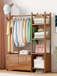 Cintres épais en bois massif Supports de rangement pour manteaux et chapeaux sur pied avec tiroirs Armoires de rangement pour chambre à coucher - Product Image 2