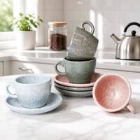 Ensemble tasse et soucoupe en céramique effet granit moucheté, bleu clair, vert sauge, rose poudré, gris, pierre mouchetée, finition mate, ensemble expresso quatre couleurs