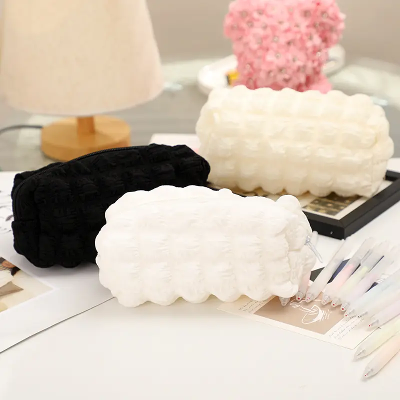 Korean INS Lovely Cute Grid Fabric Pencil Case Creative Design Crumpled Bubble Puff Towel Cosmetic Bag