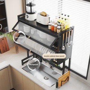 Scaffale in metallo a doppio livello per lavello da cucina <span class=keywords><strong>con</strong></span> sportello antipolvere, scolapiatti multifunzionale per <span class=keywords><strong>spezie</strong></span> e stoviglie - Product Image 2
