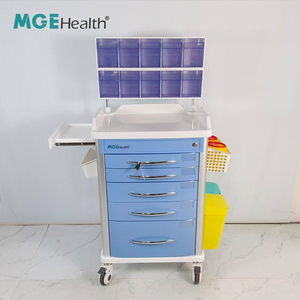 Chariot d'anesthésie hospitalier avec plateau supérieur en ABS, verrouillage centralisé, cinq tiroirs, étagère latérale dissimulée, double rangée, support réglable pour dix boîtes, verre souple - Product Image 4