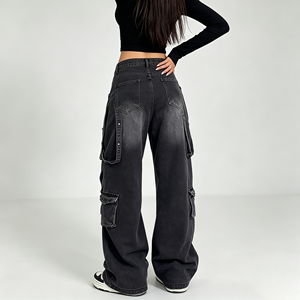 Jeans Hip Hop <span class=keywords><strong>pour</strong></span> femmes, taille basse, baggy, jambes larges, cargo, poches, style grunge, vêtements en denim Hip Hop - Product Image 2