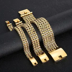 Europe and America Fashion 18K Gold Wide Cuff Bracelet Men Heavy Stainless Steel Franco Chain Bangle Jewelry For Men