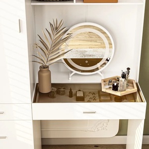 White Glass Top Modern Luxury Dressing Table Makeup Vanity Dressing <strong>Bedroom</strong> <strong>Set</strong> Mirror <strong>LED</strong> Lights Drawers Shelf with Wardrobe - Product Image 2