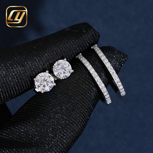 Ensemble de 2 paires de boucles d'oreilles en argent sterling S925 avec moissanite, clous solitaires ronds et boucles d'oreilles créoles demi-pavées, bijoux en diamant VVS - Product Image 6
