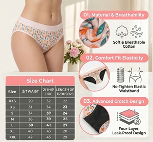Bragas menstruales de algodón para mujer al por mayor: a prueba de fugas, con estampado, antibacterianas y absorbentes. - Product Image 3