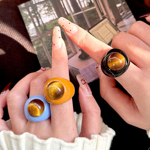 Anneaux pour femmes en résine <span class=keywords><strong>de</strong></span> grains <span class=keywords><strong>de</strong></span> café, imitation œil <span class=keywords><strong>de</strong></span> tigre, perles acryliques, anneau épais, vente en gros 2025 - Product Image 3