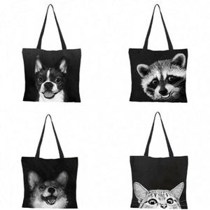 ถุงช้อปปิ้งลายแมวและสุนัข ผ้าฝ้ายลินินสีดำ เป็นมิตรกับสิ่งแวดล้อม  กระเป๋าสะพายไหล่ลายสัตว์ ทำจากผ้าปอกระเจา - Product Image 6