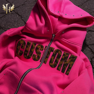 特注500GSMピンク宝石ラインストーンパーカー付きヒョウ柄毛皮刺繍パッチスクリーンプリントストリートウェアZip upパーカー - Product Image 3