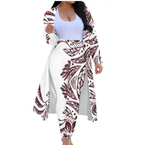 Polynesian Tribal Burgundy Print Pants Sets For Women Two Pieces Kimono Long Sleeve Cardigan Pant Set Custom Two Piece Pants Set