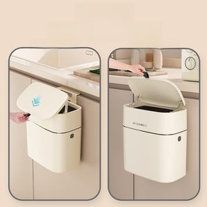 Cesto de Basura para Colgar en la Pared de la Cocina, Color Blanco Crema, con Tapa, Adhesivo sin Rastro de Plástico PP, para Uso Doméstico - Product Image 3