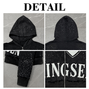 Sudadera con capucha y cremallera completa para hombre, estilo urbano personalizado, de felpa francesa, con bordado, patchwork y pedrería, corte holgado y lavado ácido. - Product Image 6