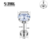 Kaishee Boucles d'oreilles clous en acier inoxydable 316L avec pierre en verre blanc 20G à dos plat, piercing corporel, bijoux à filetage externe