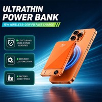 Banque d'alimentation sans fil magnétique ultra-mince en alliage d'aluminium 8 mm, 5000 mAh, charge rapide sans fil 15 W, charge rapide PD 20 W, source d'alimentation OEM d'usine