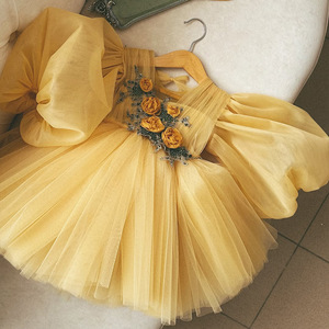 Abito <span class=keywords><strong>da</strong></span> Cerimonia per <span class=keywords><strong>Bambina</strong></span> di Un Anno, Vestito <span class=keywords><strong>da</strong></span> Principessa con Fiori, Lungo fino al Pavimento con Maniche a Sbuffo, in Poliestere, per l'Estate - Product Image 1