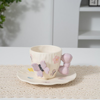 Vente chaude simplicité mignon belle pincer à la main papillon lait café tasse en céramique ensemble d'assiettes