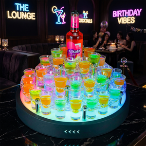 Rechargeable RGB Cake‑Shape Multi‑Layer <b>LED</b> Shot Glass Tray Luminous Shot Cup Rack With Central Bottle Holder Display Stand - Product Image 1
