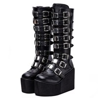 Bottes pour femmes, style cosplay, à talons hauts, plateforme et compensées, gothiques, avec bride à boucle, en cuir, à tige longue