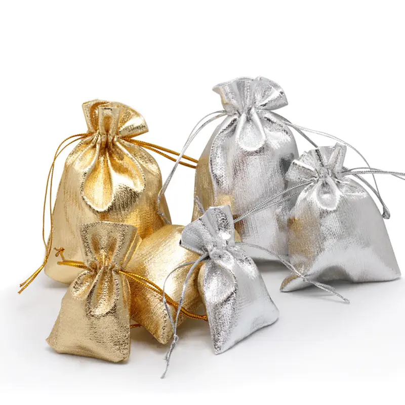 Bolsa de cordão metálica dourada, pequena bolsa para doces e casamentos, embalagem de joias