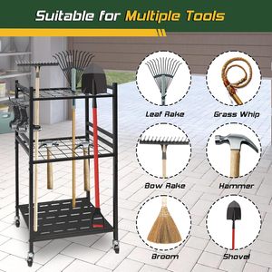 Thesetop Garden Tool Organizer 3 Tier Metal Rack With <b>Hooks</b> And Slots For Garage Storage Heavy Duty Alloy Steel Powder Coated - Product Image 5
