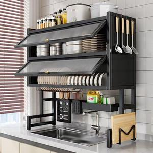 Égouttoir <span class=keywords><strong>de</strong></span> cuisine double couche en acier au carbone avec couvercle coulissant anti-poussière et drainage intégré - Product Image 1