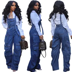 Latest Hot Selling Streetwear Multi Pocket Cargo Jumpsuits Women Wide Leg Overalls Loose Strap Pants Denim Jumpsuit Women