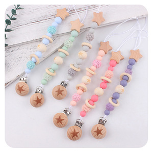 Chất lượng cao giá rẻ bé núm vú Clip chuỗi bằng gỗ làm dịu mềm Silicone hạt Teether Teether Đồ chơi bé nhà máy núm vú chuỗi - Product Image 1