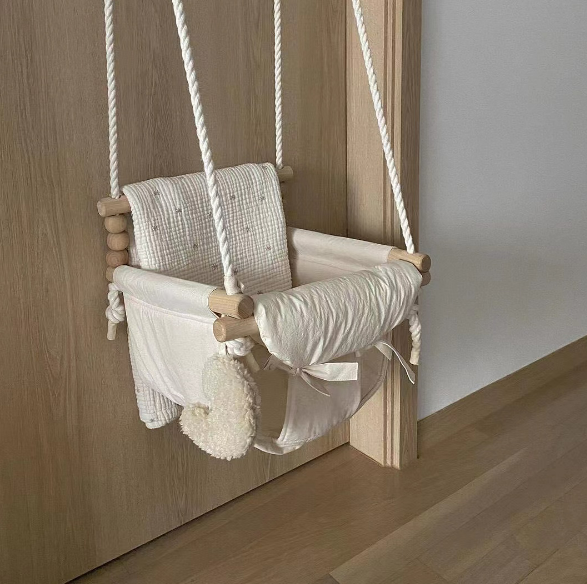 Columpio De Madera Y Lona Para Bebé 6-36 Meses, Con Cojín Suave, Cuerdas Ajustables Y Mosquetones, Gris – Ideal Para Jardín