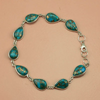 Bracelet classique en argent sterling 925 avec pierre précieuse turquoise cuivrée naturelle, plaqué or 18 carats, bijoux faits à la main pour cadeau ou fête
