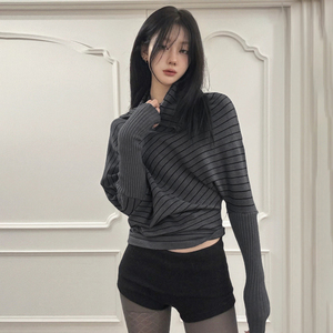 Y2K Vintage Stripe Print Women's Long Sleeve T-Shirt Lapel Knit Loose Plus Size Casual Sport <b>Top</b> - Product Image 3