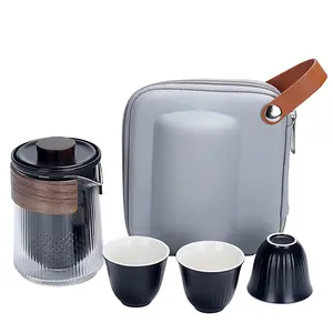 Teaware Teh Perjalanan Kaca Cina Portabel, untuk Satu Set dengan Tas Tas, Teko Kaca Tahan Panas, Cangkir Teh, Set Keramik