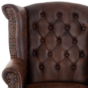 Poltrona Vintage Wingback in Ecopelle Marrone con Bottoni Trapuntati, Finitura con Borchie, Gambe in Legno Curvato, Cuscino Lombare, Poltrona d'Accento per Soggiorno - Product Image 5