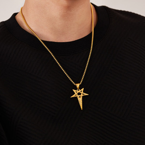 Collier pendentif œil <span class=keywords><strong>du</strong></span> <span class=keywords><strong>diable</strong></span> <span class=keywords><strong>pentagramme</strong></span> viking en acier inoxydable vintage hip hop, bijoux pour hommes - Product Image 1