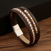 Punk multicouche tressé en cuir en acier inoxydable fermoir magnétique Bracelet mode marron couleurs hommes Bracelet en cuir