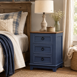 Farmhouse Solid Wood Nightstand with 3 Drawers <strong>Rustic</strong> Country Style <strong>Bedside</strong> <strong>Table</strong> with Wood Top and Ring Pull Handles Bedroom - Product Image 2