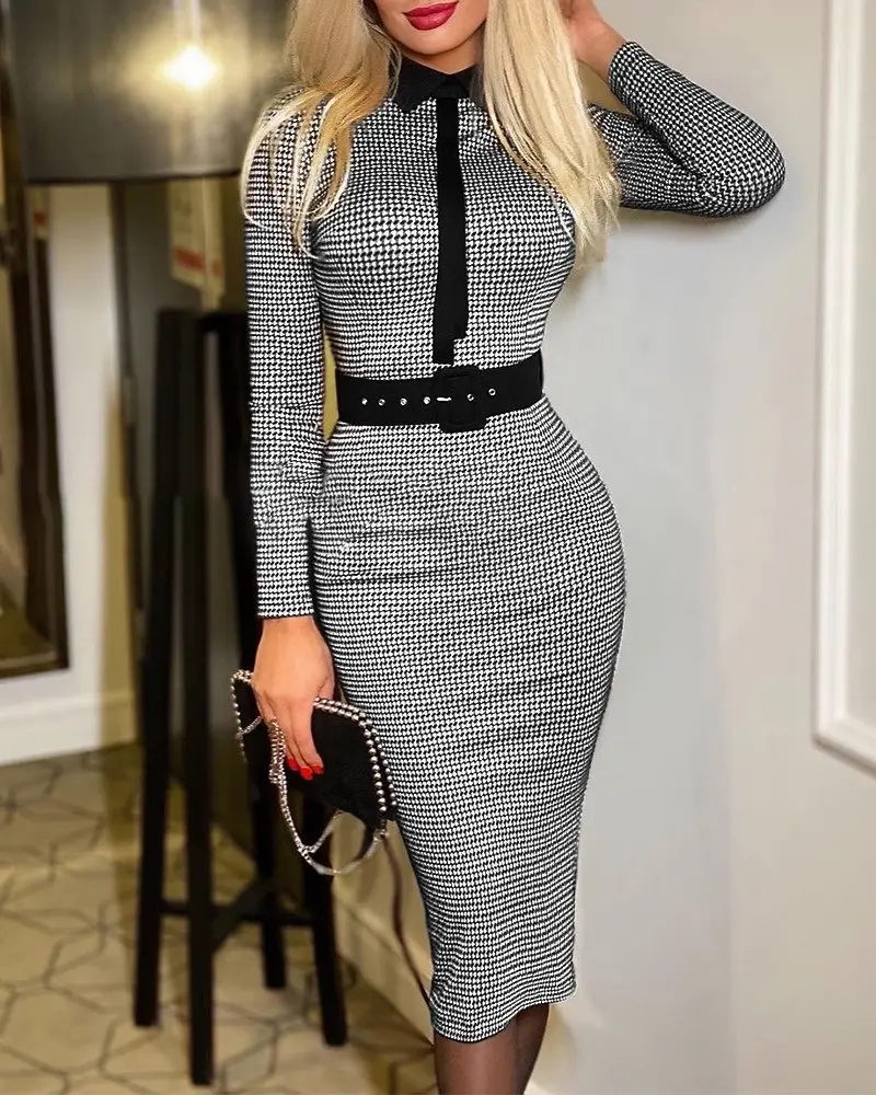 C230206 فستان طويل الأكمام Bodycon التفاف قلم رصاص فساتين رسمية الأعمال للنساء مع حزام