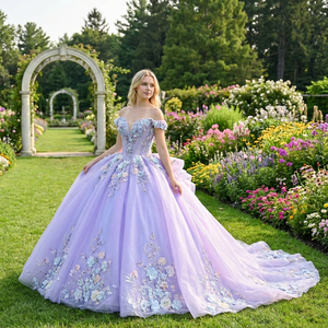 Vestido de Fiesta de Quinceañera Morado Claro Dy6931, Vestido de Princesa de Gasa con Apliques de Encaje en los Hombros para Niñas, Ceremonia de Adultos - Product Image 1