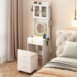 DB Small Vanity Desk with <b>LED</b> Lights and <b>Mirror</b> <b>Makeup</b> Table with Charging Station <b>Storage</b> Shelves for Dressing Use - Product Image 1