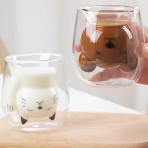 Animal cartoon dupla parede vidro caneca para leite café urso cachorro em forma copo 200ml