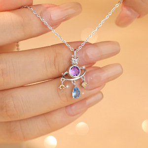 Collier Pendentif Planète Romantique en Argent Sterling S925, Incrusté de Pierres Précieuses Colorées, Luxe Léger, Accessoire Quotidien pour Femme, Chaîne de Clavicule, Cadeau - Product Image 6