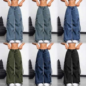 Jeans <span class=keywords><strong>Cargo</strong></span> Larghi Elasticizzati con Grandi Tasche Blu Lavato Stile Americano Nuovi Economici 2025 per Uomo e <span class=keywords><strong>Donna</strong></span> - Product Image 2