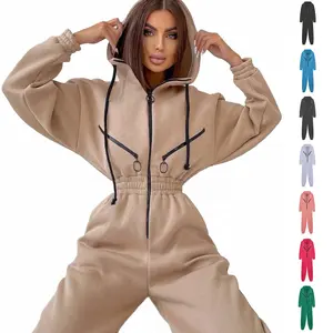 2023 Nieuwe Herfst Winter Fleece Lange Mouw Met Ritssluiting Hoodie Uit Één Stuk Set Sport Jumpsuits En Sweatshirt Rompertjes Met Rits Aan De Voorkant