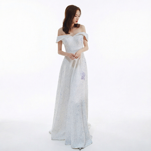 Robe longue blanche pour femme avec broderie de sequins et épaules dénudées, respirante pour le printemps/été, idéale pour les soirées et les fêtes - Product Image 4